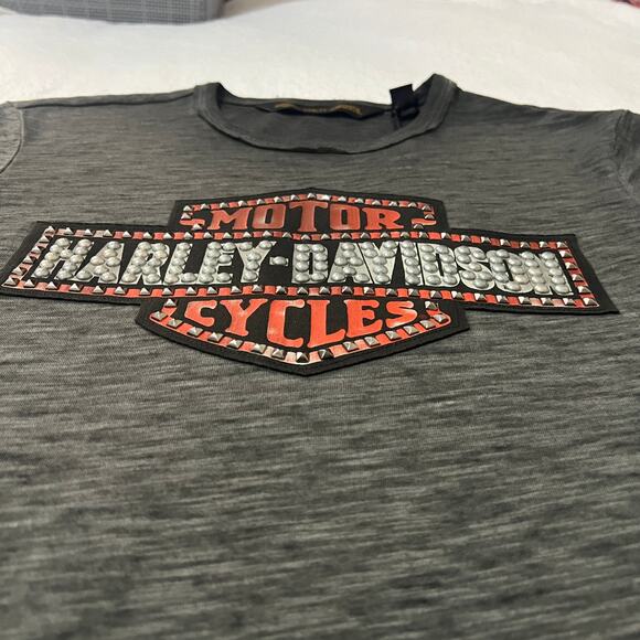 Harley Davidson (M) Raw-Edge Neck Printed Graphic Studded Logo Short Sleeve Tee - Picture 8 of 10